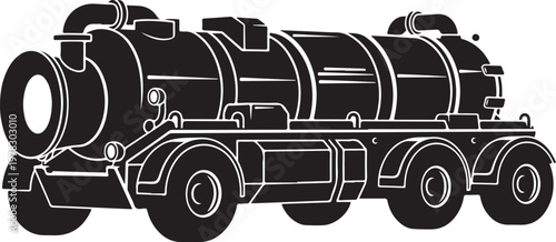 Industrial tanker truck, black and white vector, transportation icon, heavy vehicle