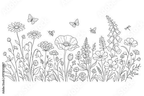 Whimsical black and white illustration of a garden filled with diverse flowers and insects.