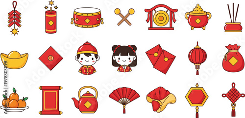 Chinese New Year Icon Set with Lanterns, Firecrackers, Drums, Children, and Traditional Symbols for Lunar Festival Celebration Designs