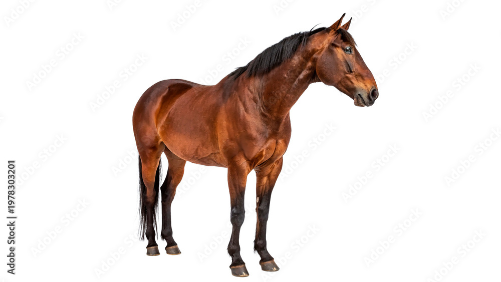 Fototapeta premium Brown horse standing straight on transparent background.