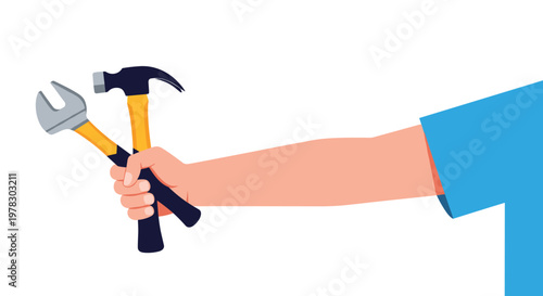Professional hand wearing a blue sleeve holding a black hammer and a silver wrench against a white background for maintenance and repair.