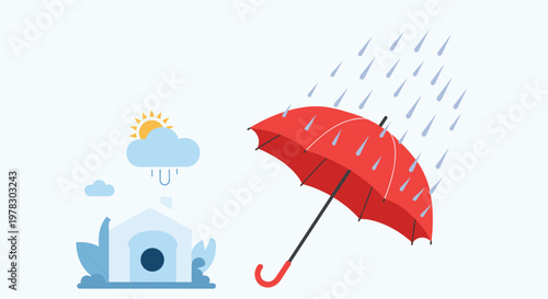 Vibrant red umbrella protecting against falling raindrops with a small house and sun behind clouds in the background for insurance concepts.