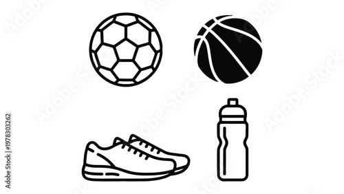 Sports Essentials: Minimalist illustrations of essential sports gear, including a soccer ball, basketball, running shoes, and a water bottle, perfect for active lifestyle themes.