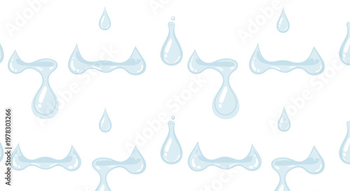 Refreshing pattern featuring various shapes of light blue water drops and splashes on a clean white background for hygiene or nature themes.
