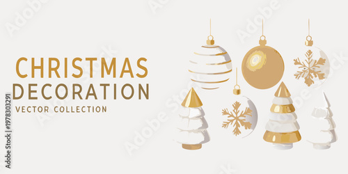 Festive golden and white christmas ornaments and holiday text design