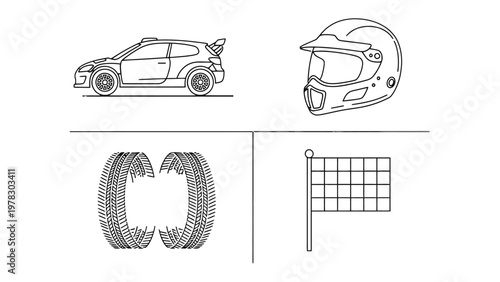 Rally Car Elements: A collage featuring a rally car, a racing helmet, tires, and a checkered flag, symbolizing the excitement and elements of motorsports.