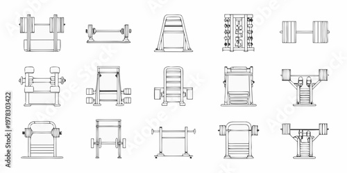 Line art illustration of various weightlifting and exercise equipment