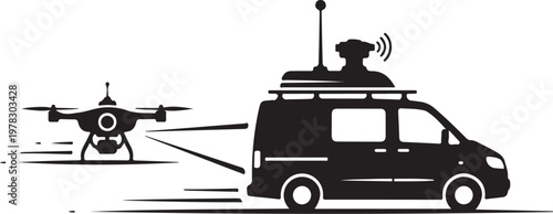 Drone, surveillance van, aerial monitoring, law enforcement, security vector