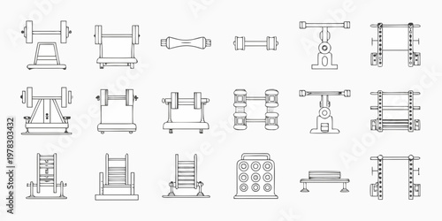 Line drawing of various outdoor fitness equipment pieces arranged in a grid