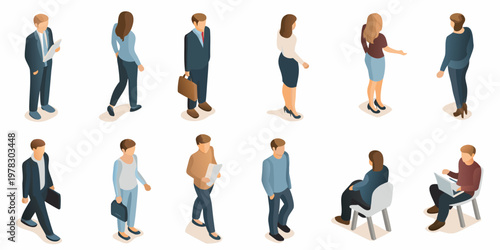Isometric illustration of diverse business people in various poses and settings