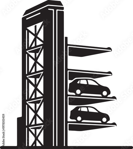 Parking garage, car lift, vehicle storage, urban infrastructure