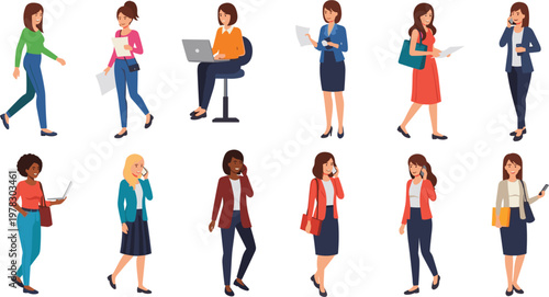usiness women working set, professional female characters, office tasks, communication, mobile phone usage, laptop work, modern workplace, flat vector