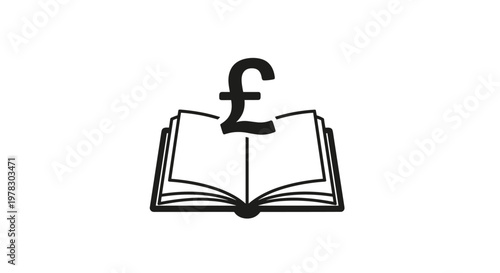 Simple black line drawing of an open book with a British pound symbol on top representing education costs and financial literature.