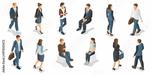 Isometric illustration depicting diverse people in various casual and business postures