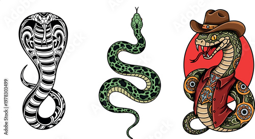 Snake collection with cobra tattoo style, green serpent and western cowboy rattlesnake character, detailed vector illustration set