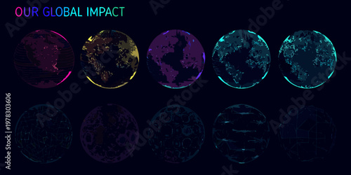 Abstract representation of global impact with colorful distorted world maps