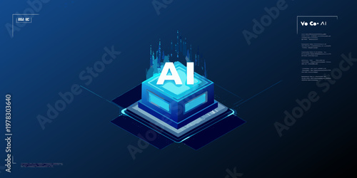 Isometric illustration of artificial intelligence concept with glowing cube design