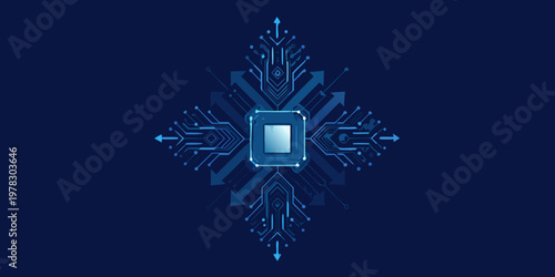 Abstract blue circuit board design with a central microchip element