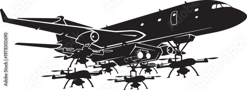 Military drone swarm, aircraft carrier, unmanned aerial vehicles, black silhouette, vector illustration
