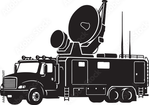 Satellite truck, communication vehicle, broadcasting equipment, black icon