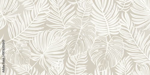 Subtle tropical leaf pattern in neutral beige and white tones