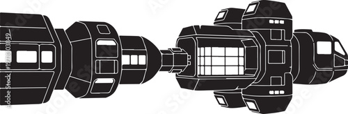 Space station, futuristic spacecraft, black and white vector illustration, sci-fi architecture