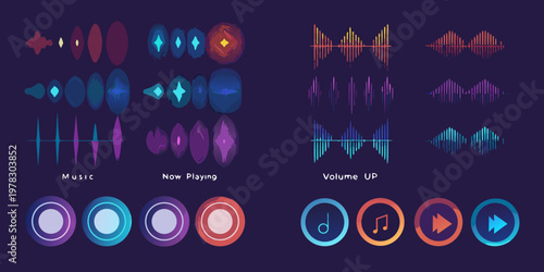 Bild auf Leinwand Colorful abstract music equalizer and playback control icons collection