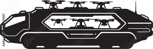 Futuristic drone carrier vehicle, sleek spaceship, drone transport, black vector illustration