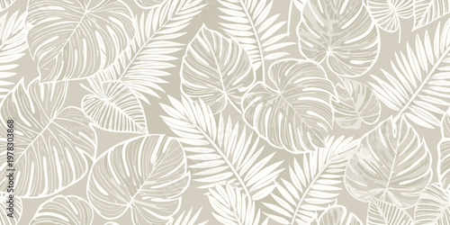 Bilde på lerret Elegant tropical leaves create a seamless monochromatic pattern