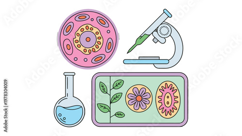 Microscopic Wonders: An illustration of a vibrant collection of scientific tools, including a microscope and a flask, alongside detailed illustrations of cells, and plant structures.