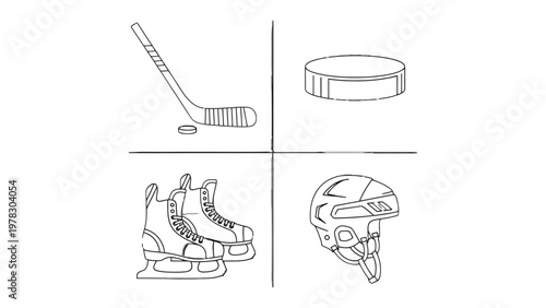 Hockey Essentials: A minimalist depiction of hockey equipment, isolated, highlighting the tools of the game: a hockey stick, a puck, ice skates, and a helmet, ideal for design usage.