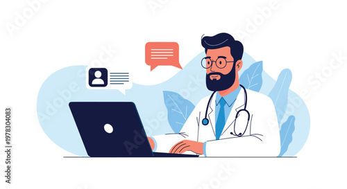 Illustration of a male doctor with a beard wearing glasses and a stethoscope while working on a laptop representing modern telehealth services.