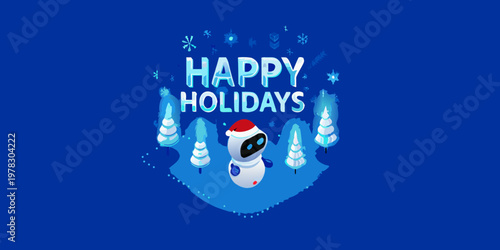 Festive illustration featuring a robot and winter holiday greetings