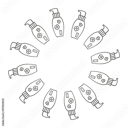Cute round frame with doodle outline floral serum in bottles isolated on white background. Hand drawn line art cosmetics. Suitable for skin care designs.