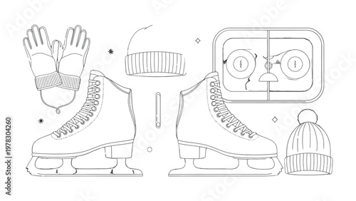 Skating Essentials: An array of ice skating gear, from skates to cozy hats and gloves, is artfully arranged, set against a pristine backdrop, creating a sense of anticipation for a day on the ice.