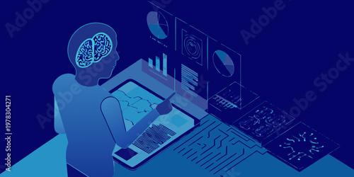 Human profile interacting with digital data and brain visualization