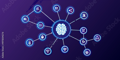 Artificial intelligence network with icons representing various applications