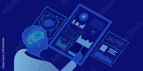 Human profile with glowing brain and digital data visualizations overlayed