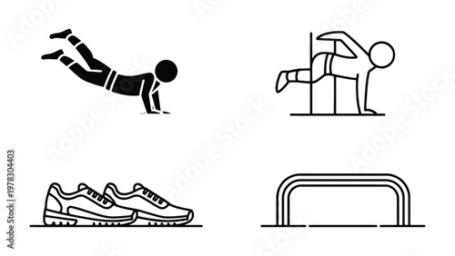 Sports and Exercise Icons Set: A comprehensive collection of graphic icons dedicated to fitness, offering diverse images of training exercises