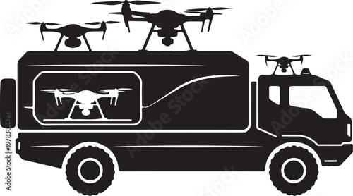 Drone truck, drone vehicle, aerial surveillance truck, black silhouette