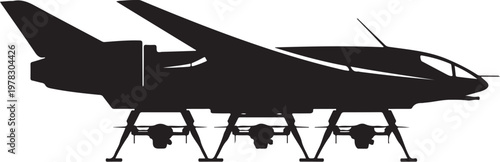 Black silhouette drone airplane, unmanned aerial vehicle, UAV, aircraft icon, vector graphic