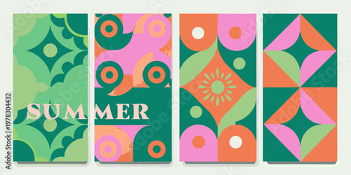A set of four brightly colored geometric patterned vertical panels