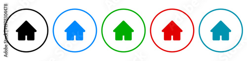 Set of five house icons in outlined circles for digital interface navigation