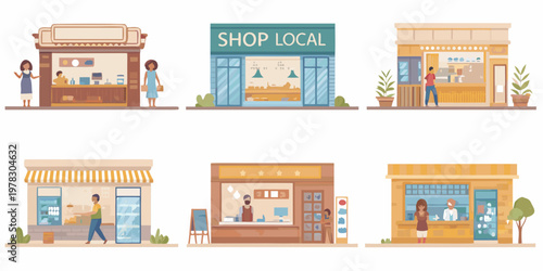 Colorful illustration of diverse storefronts and people shopping locally