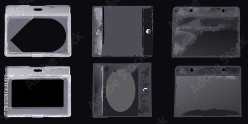 Collection of blank plastic id card holders in a grid layout
