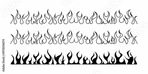 Collection of stylized black and white flame illustrations in rows