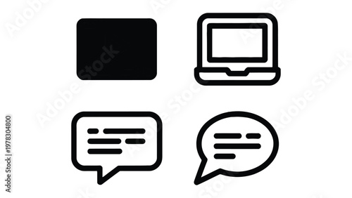 Communication and Technology: A collection of simple icons represent the essence of digital interaction: a screen, a laptop, and speech bubbles symbolizing dialogue.
