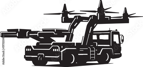 Drone, truck, vector, drone on truck, black and white, illustration, transportation, technology, robotic vehicle
