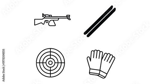 Shooting Sport Icon Set: A collection of simple, stylized icons representing essential equipment and elements of the shooting sport. The design is clean and clear.