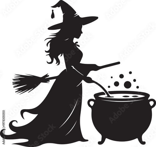 Silhouette of a witch stirring a cauldron